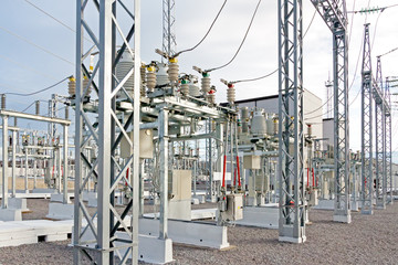 High voltage electric power substation in autumn day