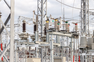 High voltage electric power substation in autumn day