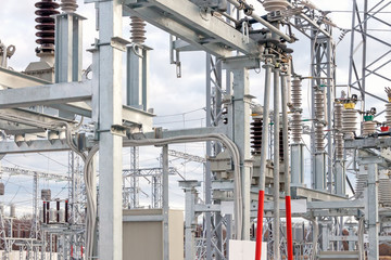 High voltage electric power substation in autumn day