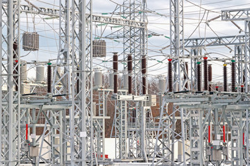 High voltage electric power substation in autumn day