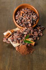 Cocoa beans in bowl, cocoa powder and spices