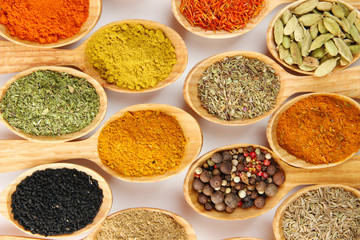 Assortment of spices in wooden spoons