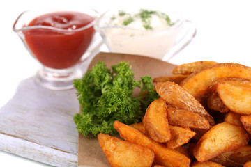 Home potatoes on tracing paper on wooden board isolated on