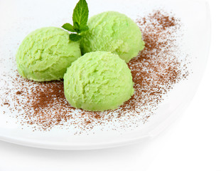 Delicious ice cream on plate isolated on white