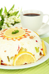 Delicious jelly cake on table on white background