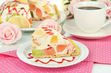 Delicious jelly cake on table close-up