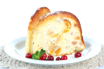 Slice of tasty homemade cake with berries, isolated on white
