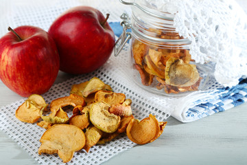 Dried apples in glass jar, on color wooden background