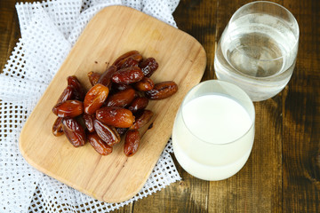 Conceptual photo of Ramadan food:dates palm, milk and water
