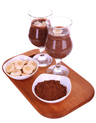 Cocktails with banana and chocolate isolated on white