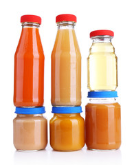 Baby food in glass jars, isolated on white