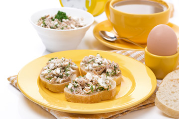 breakfast - toasts with tuna and homemade cheese, coffee