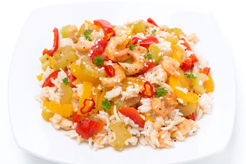 Chinese food - rice with vegetables and shrimps, top view