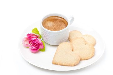 espresso, cookies and flower Valentine's Day, isolated