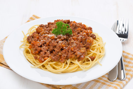pasta - spaghetti bolognese on a white plate