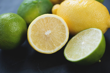 Citrus fruits: lemons and limes, horizontal shot