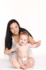 portrait of a mother and child on a white background