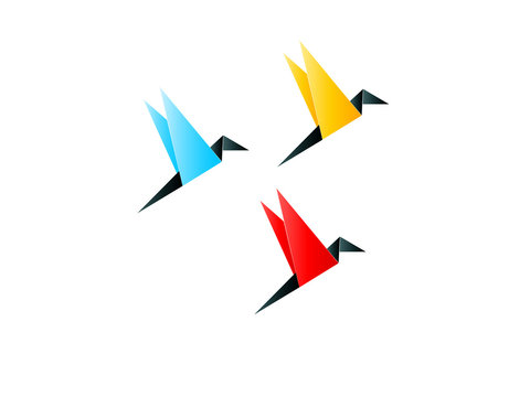 origami birds flying in three colors