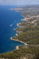 Fototapeta premium Sutivan, village on northwest of Brac Island, Croatia, aerial