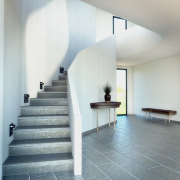 3D rendering of a stairway with dark floor