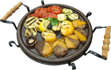 Traditional food with pork and chicken meat grilled on plate