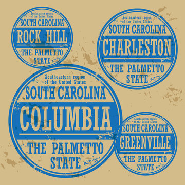 Stamp set with names of South Carolina cities, vector
