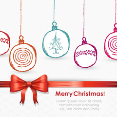 Elegant Christmas card with bow, ribbon and hand drawn globes ba