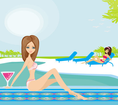 vector image of girls and tropical pool