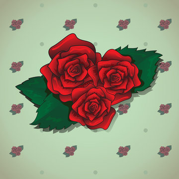 Red Rose On Green Background - Vector Illustration
