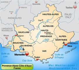 Provence-Alpes-Côte-d-Azur mit Grenzen in Pastelorange