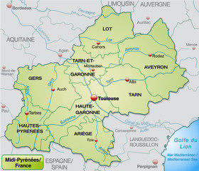 Midi-Pyrénées mit Grenzen in Pastelgrün