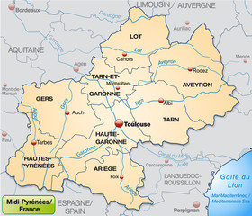 Midi-Pyrénées mit Grenzen in Pastelorange