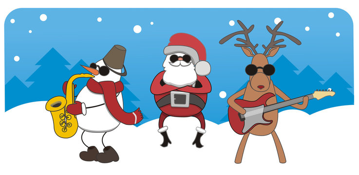 Christmas card with Santa, reindeer and snowman