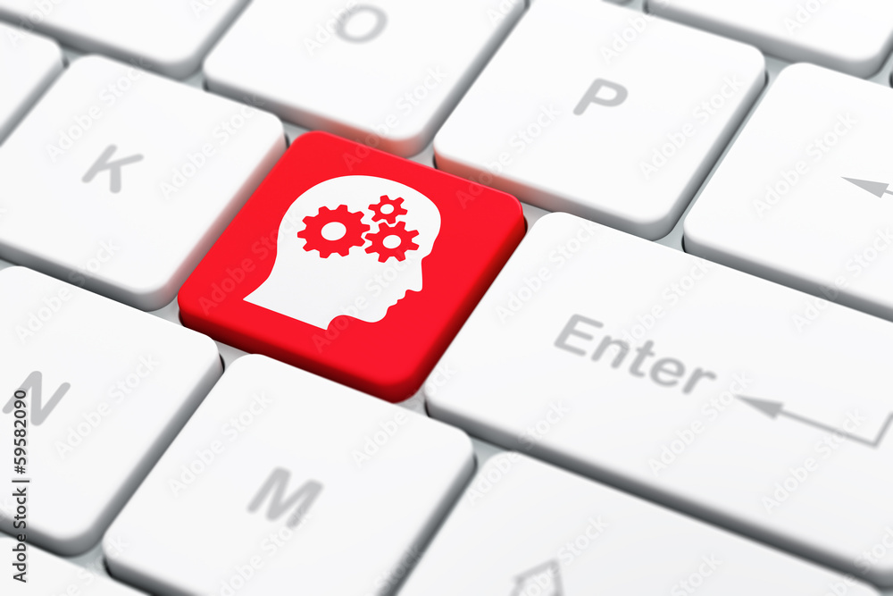 Poster education concept: head with gears on computer keyboard