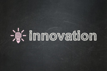 Obraz premium Finance concept: Energy Saving Lamp and Innovation on chalkboard
