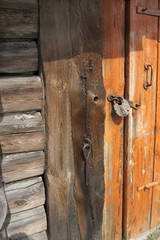 Old wooden door with padlock,  fragment