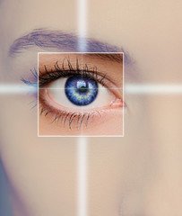Eye technology, medicine and vision concept. Focus on woman eye
