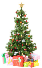 Decorated Christmas tree with gifts isolated on white
