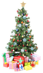 Decorated Christmas tree with gifts isolated on white