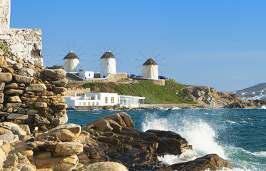 The old windmills of Mykonos island in Greece
