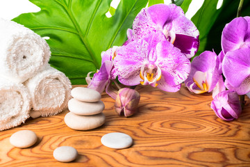 Fototapeta na wymiar Spa and wellness setting with orchid, pebbles and towel