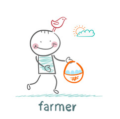 farmer carries a basket of eggs