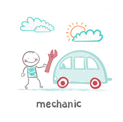 mechanic holds the key and stands near the car