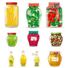 Set of glass jars with preserved vegetables, mushrooms, fruit an