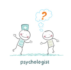 Psychologist talking to a patient who thinks of a question mark