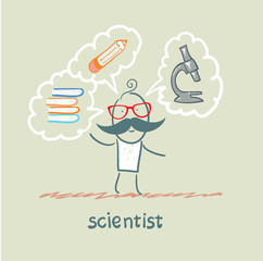 scientist thinks about the book, a pencil and a microscope