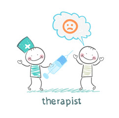 Naklejka premium therapist with syringe is looking at the patient's