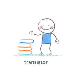 translator standing next to a stack of books