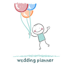wedding planner flying with balloons