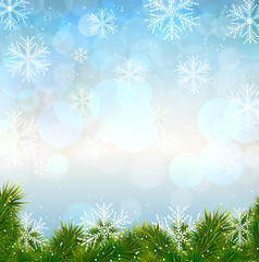 Fototapeta na wymiar Christmas snow background with fir twigs.